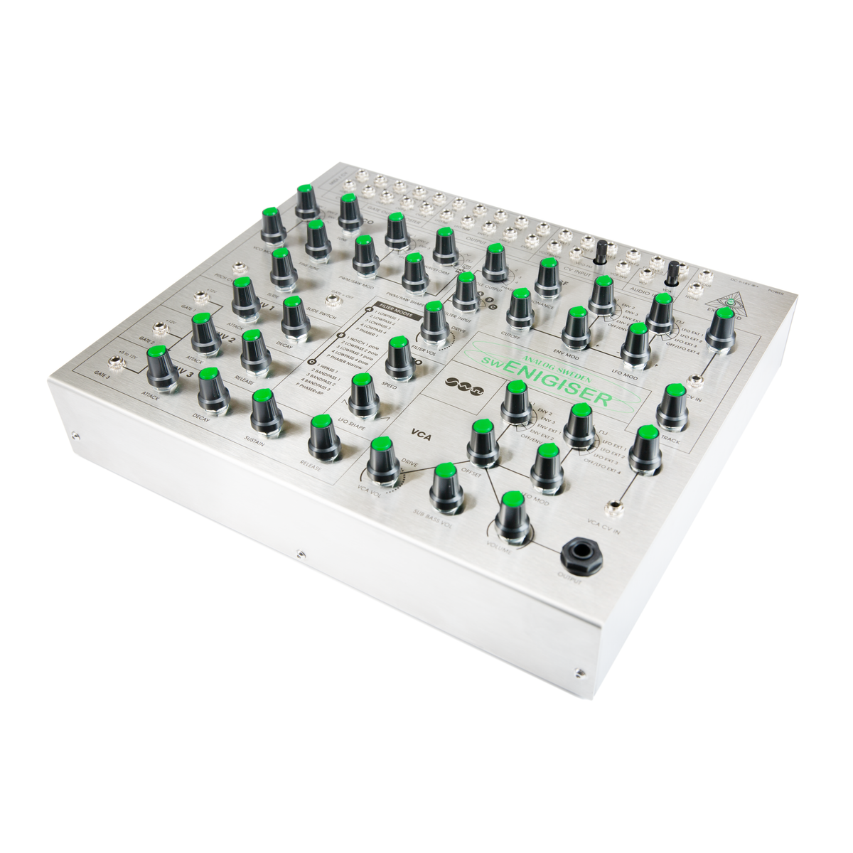swEnigiser analog synthesizer with silver panel, angled view