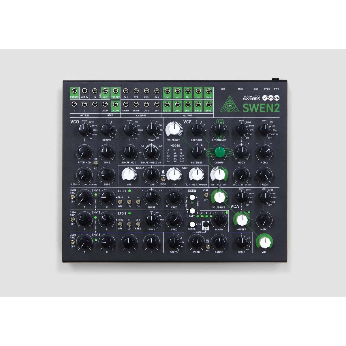 SWEN2 analoger Synthesizer, Oberseite mit Patch-Sektion