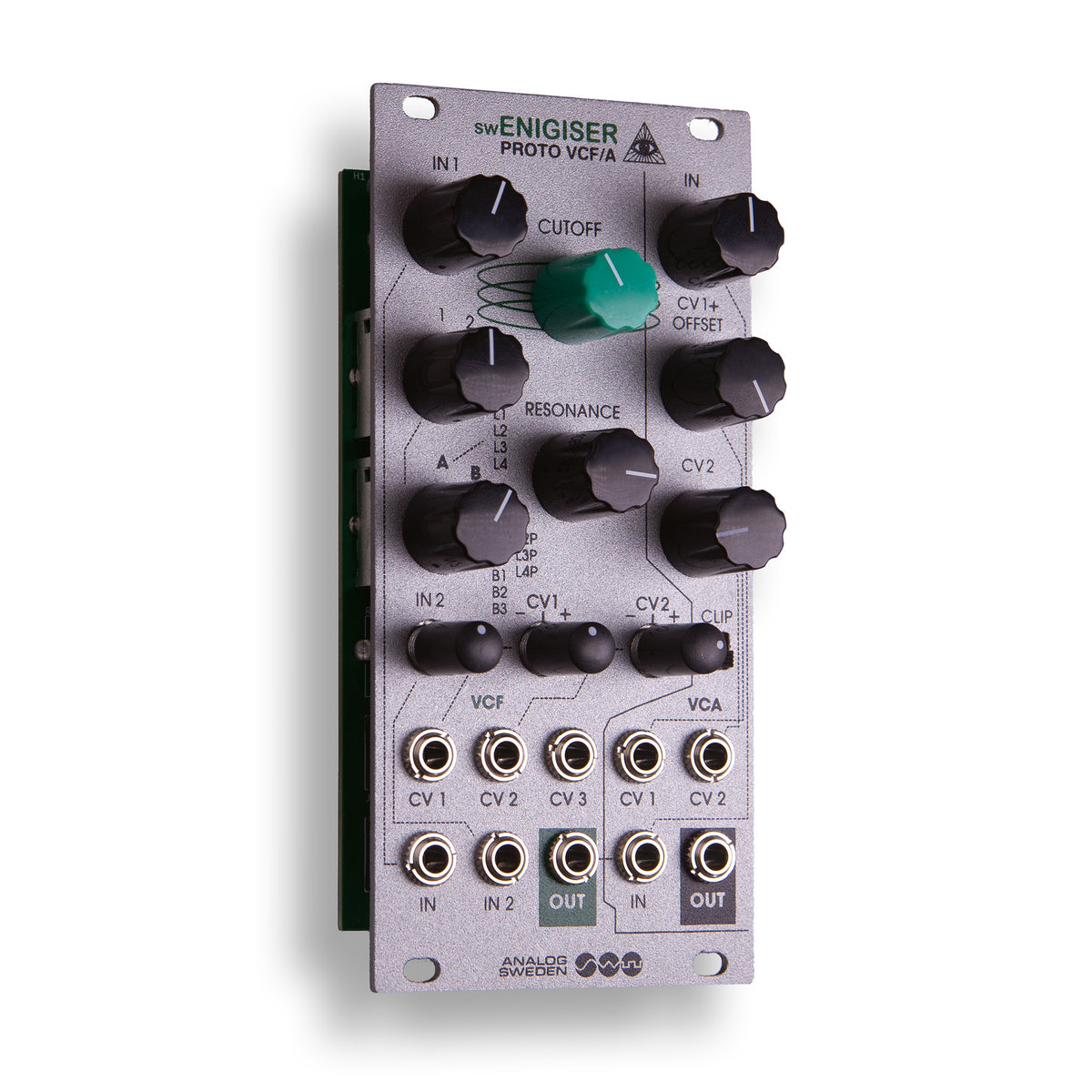 swEnigiser Proto VCF/A Modul mit silberner Frontplatte, Schrägansicht