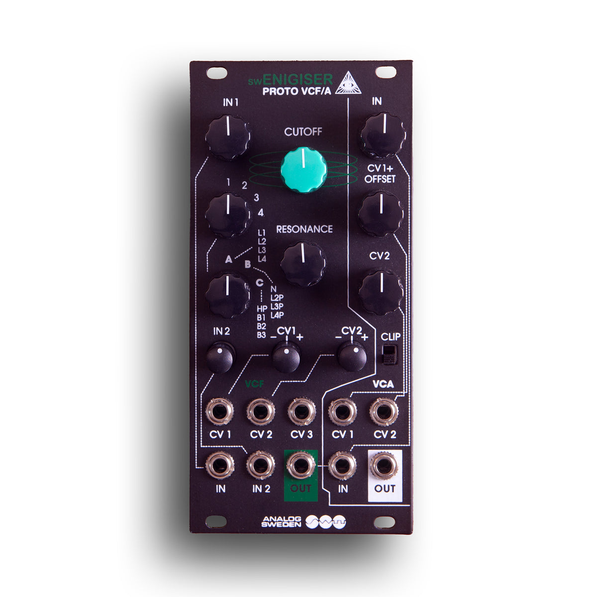 swEnigiser Proto VCF/A Modul mit schwarzer Frontplatte, Frontansicht